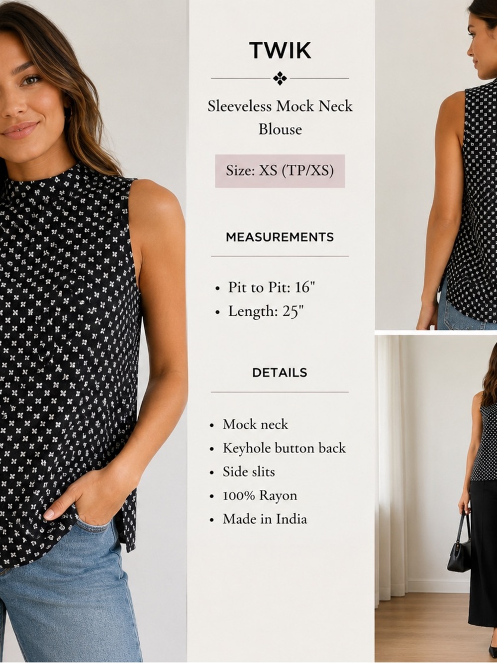 TWIK by Simons Fleur-de-Lis Mock Neck Sleeveless Blouse XS Black White Rayon